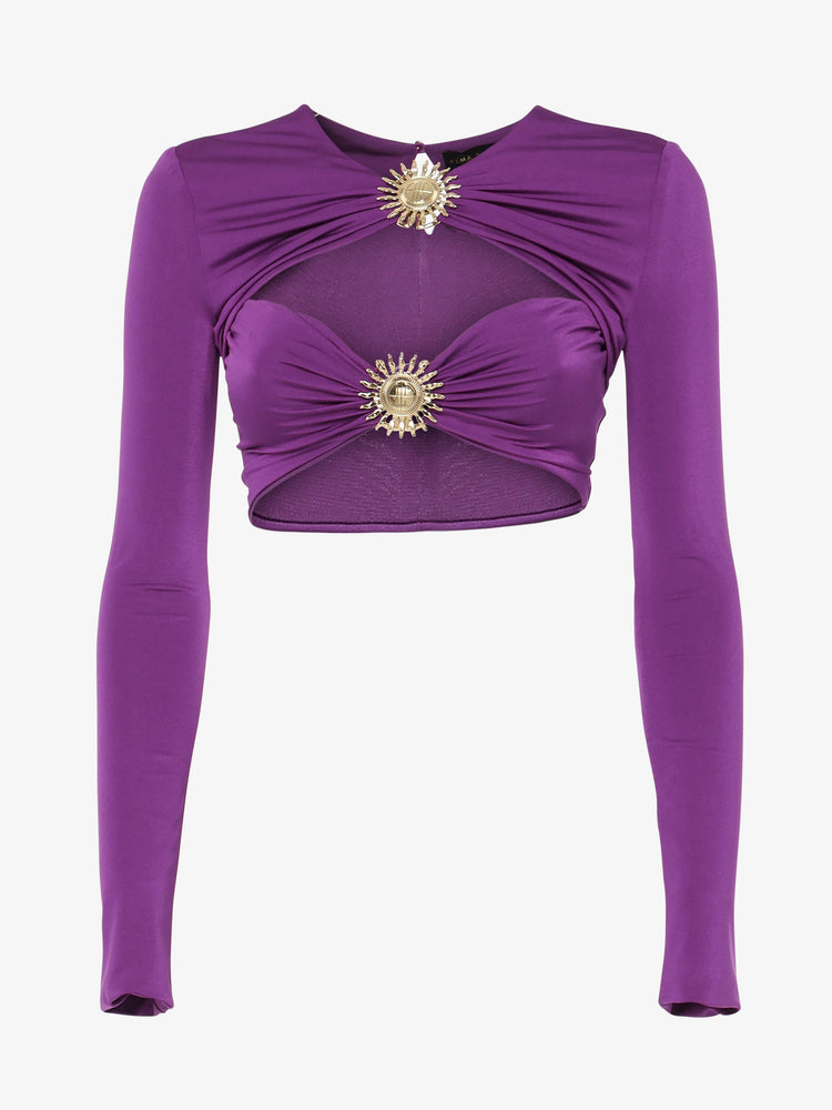 Top in jersey con cut out e decorazioni metalliche