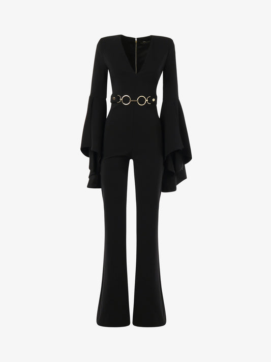 Technical fabric jumpsuit with ruffle sleeves and metal accessory at the waist