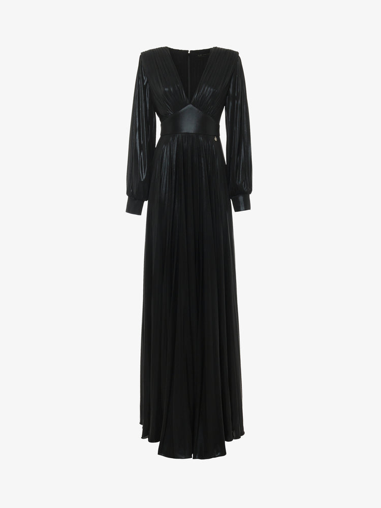 Abito lungo fondo ampio manica con cut out in jersey metallizzato plissettato