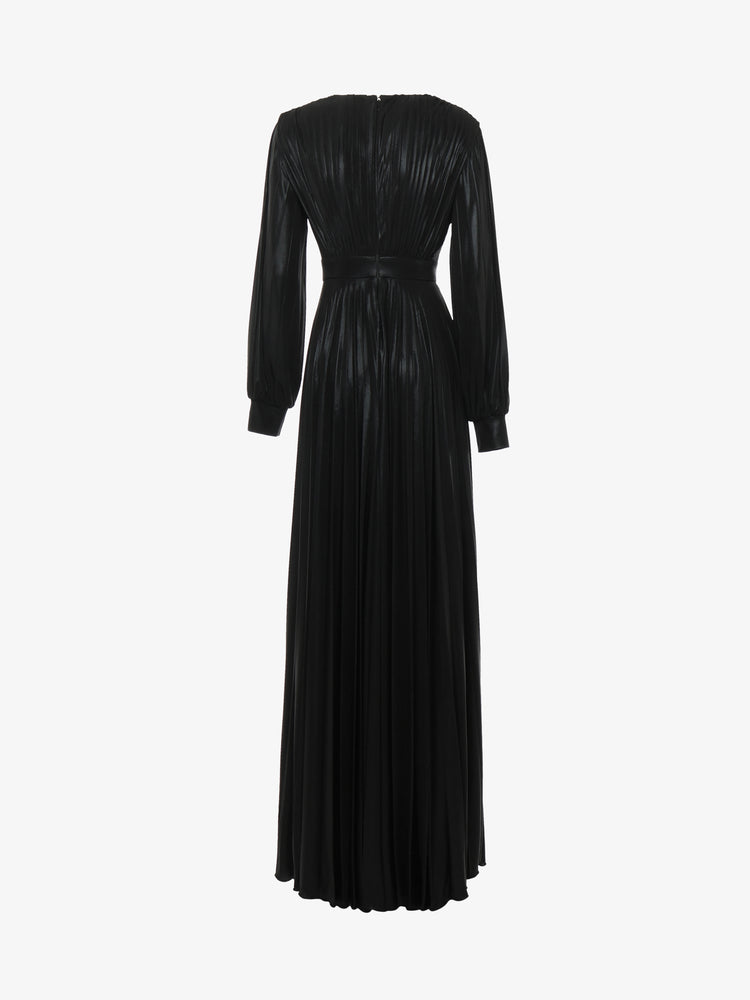 Abito lungo fondo ampio manica con cut out in jersey metallizzato plissettato