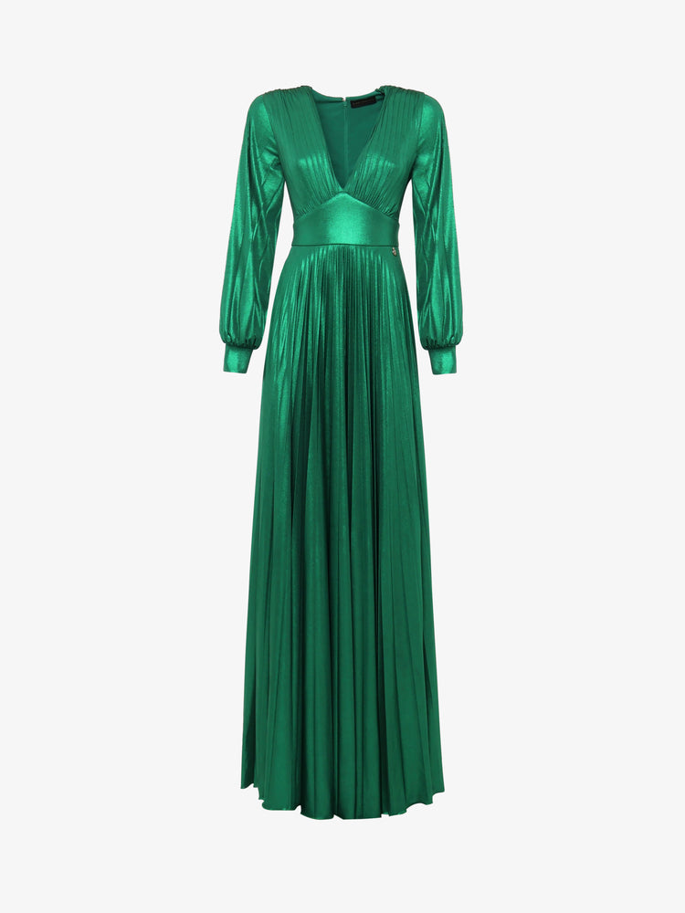 Abito lungo fondo ampio manica con cut out in jersey metallizzato plissettato