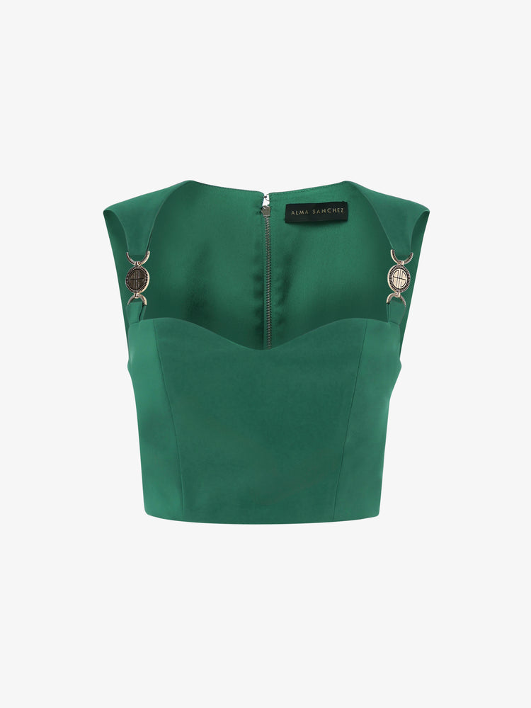 Short top in technical fabric with metal accessories on the shoulder straps