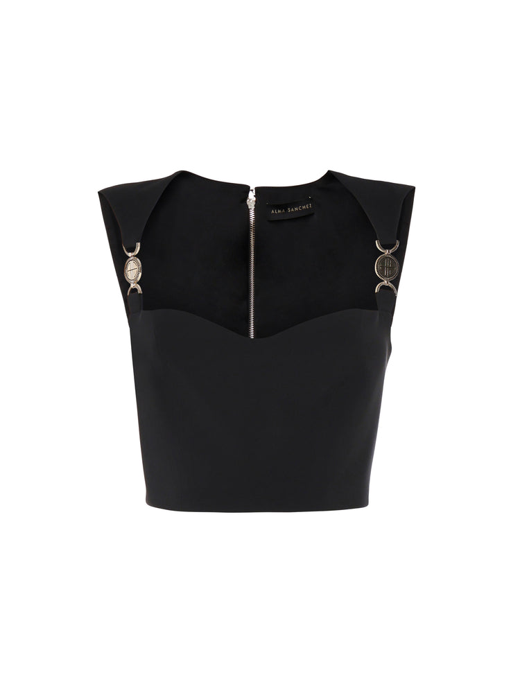 Short top in technical fabric with metal accessories on the shoulder straps