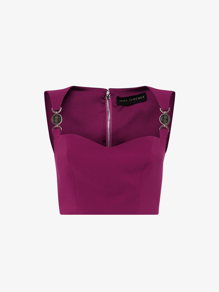 Short top in technical fabric with metal accessories on the shoulder straps
