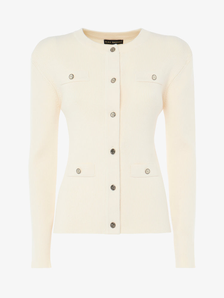 Crewneck cardigan with pockets and metal buttons