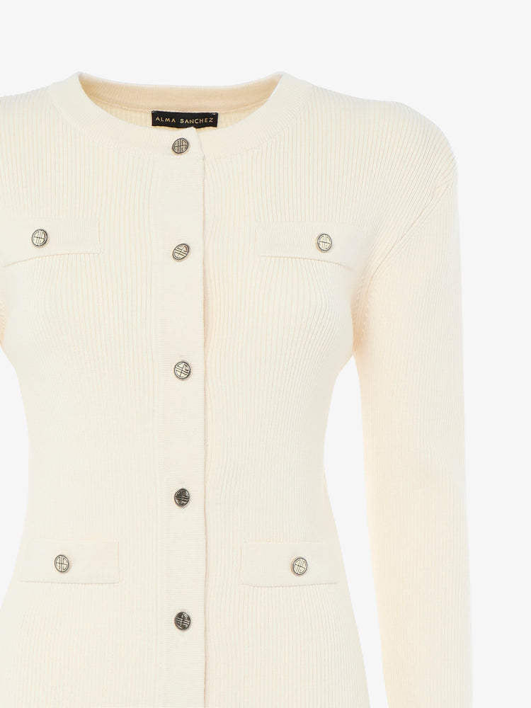 Crewneck cardigan with pockets and metal buttons