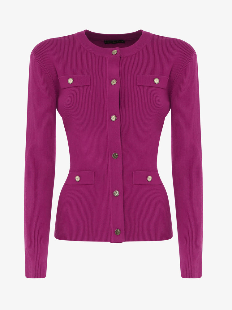 Crewneck cardigan with pockets and metal buttons