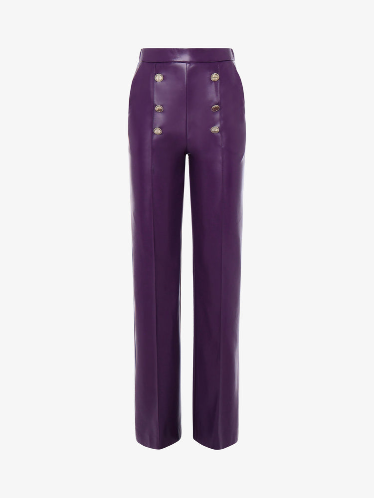 Straight leg trousers in eco leather and metal buttons