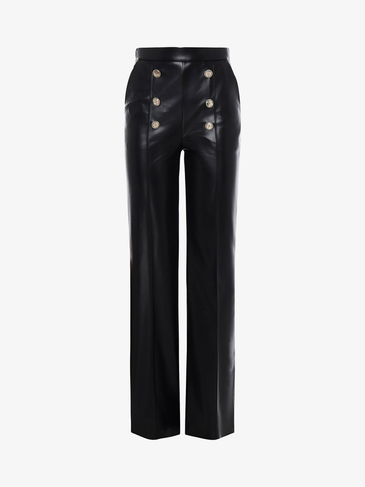 Straight leg trousers in eco leather and metal buttons