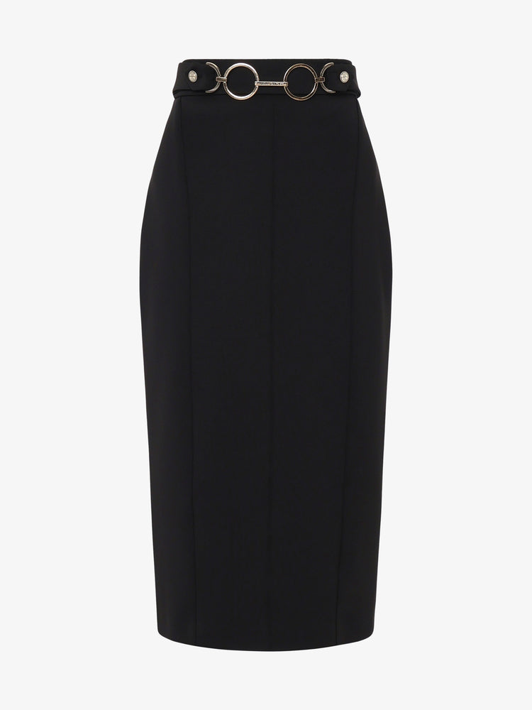 Neoprene midi skirt with metal accessory at the waist