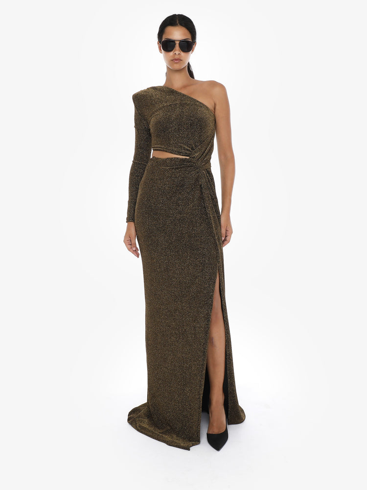 Long one-shoulder cut-out dress in lurex jersey