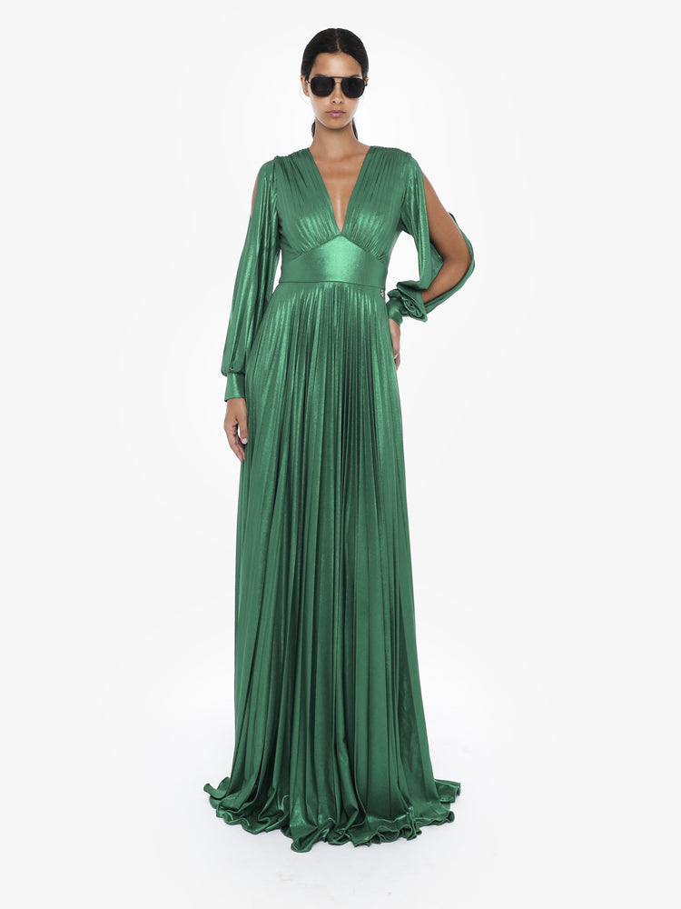 Abito lungo fondo ampio manica con cut out in jersey metallizzato plissettato