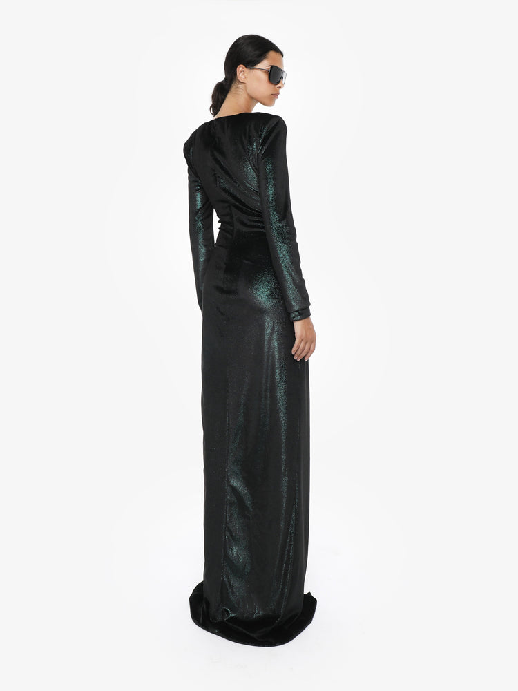 Long cut out dress in metallic velvet