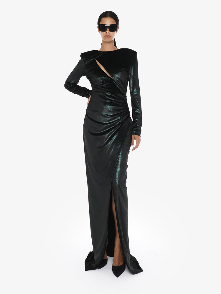 Long cut out dress in metallic velvet