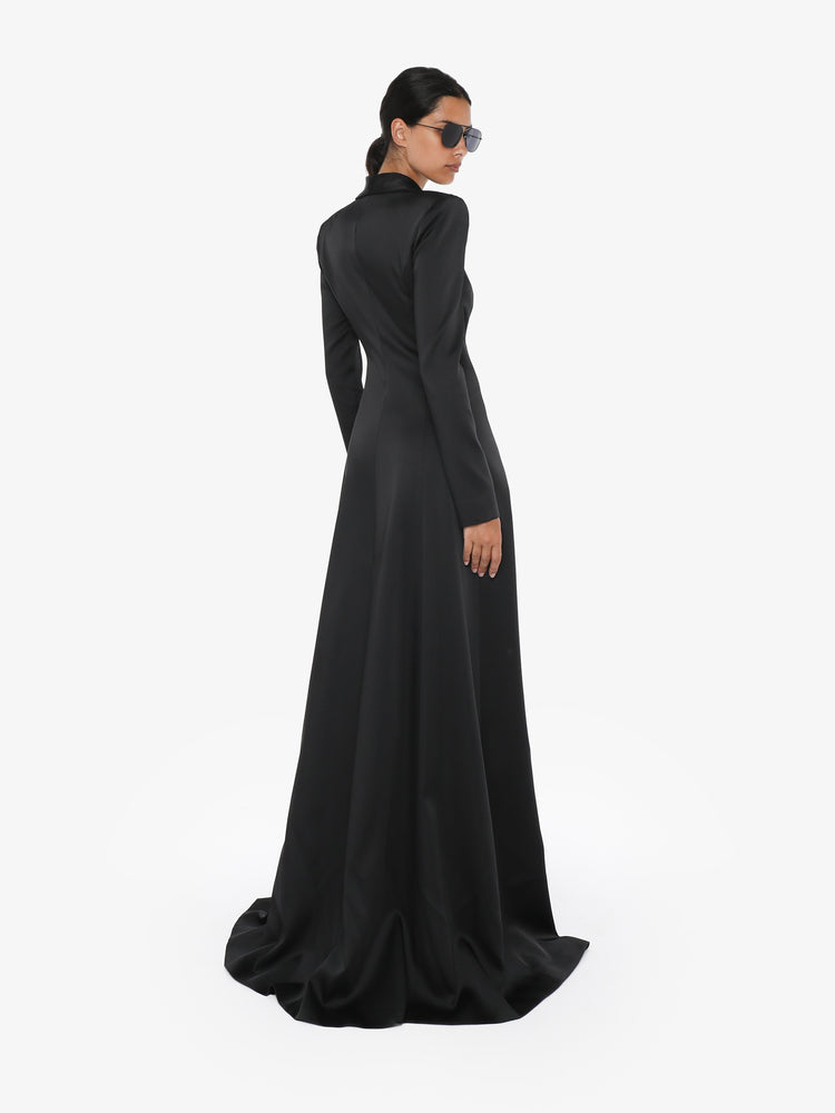 Long satin jacket dress with flower decoration and metal buttons