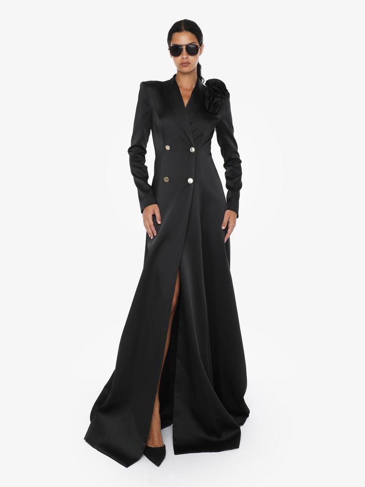 Long satin jacket dress with flower decoration and metal buttons