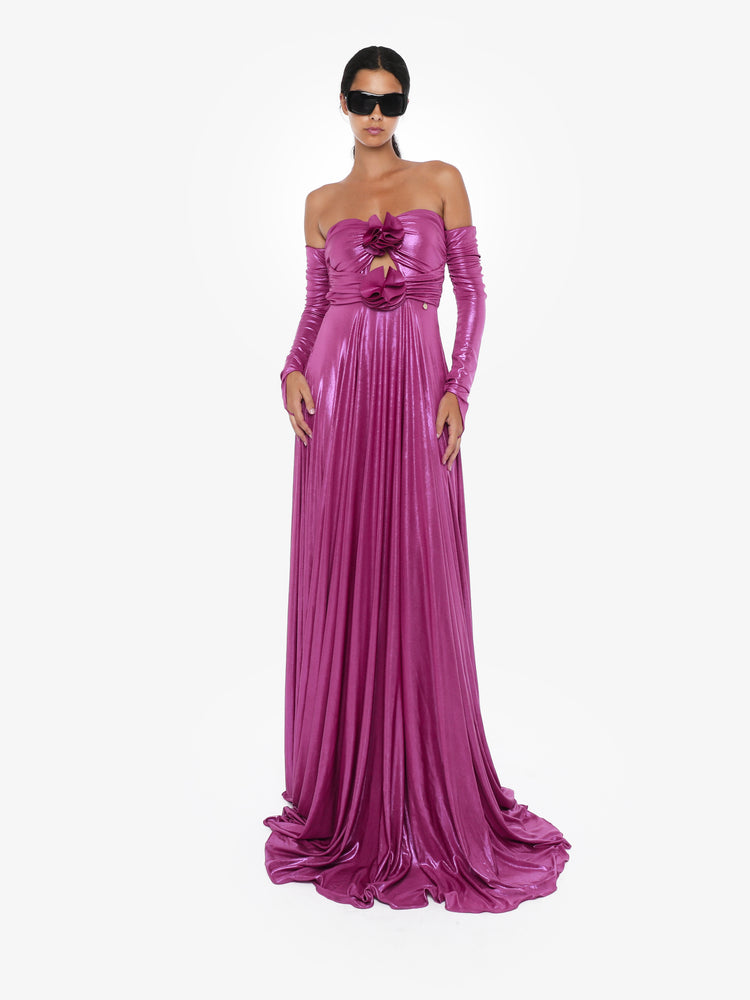 Long strapless dress with cut out in metallic jersey and flower decorations