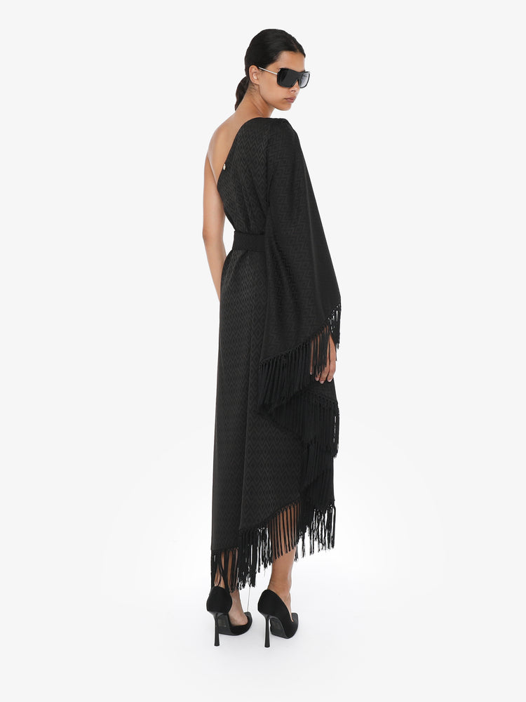 One-shoulder midi dress in jacquard with fringes and sash at the neck