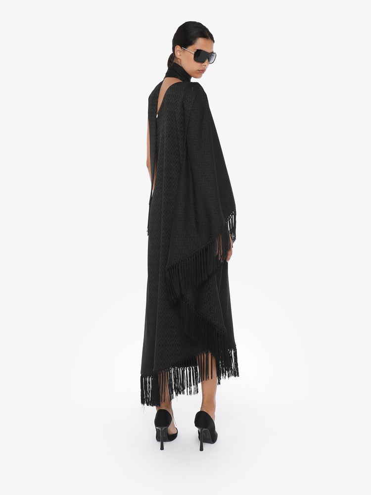 One-shoulder midi dress in jacquard with fringes and sash at the neck