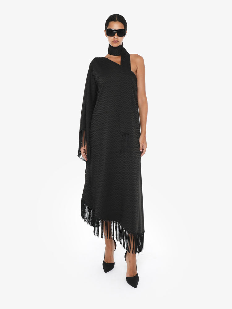 One-shoulder midi dress in jacquard with fringes and sash at the neck