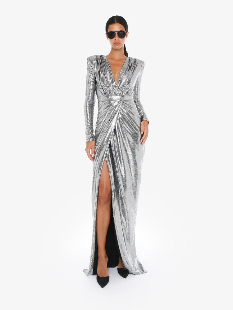 Long dress with deep neckline in metallic jersey