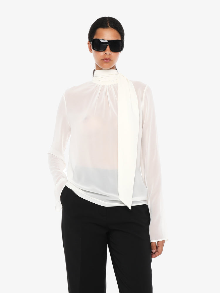 Georgette blouse with adjustable high neck