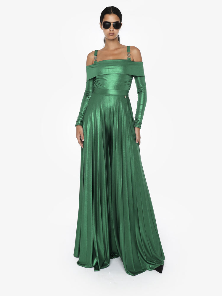 Wide pleated trousers in metallic jersey