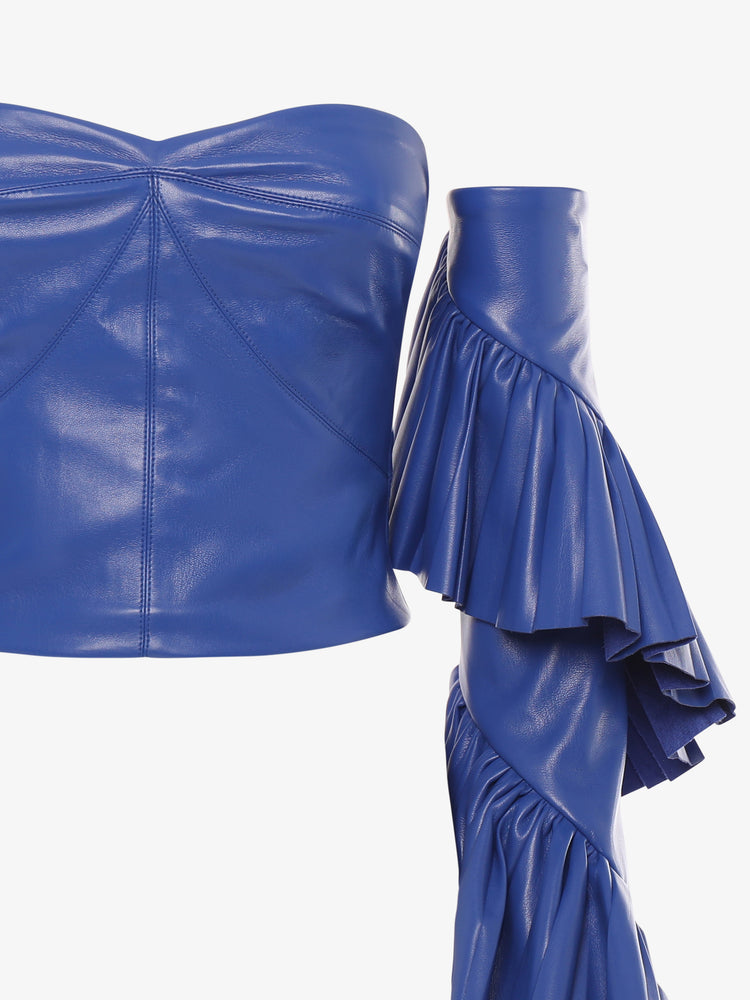 Top in ecopelle scollo a cuore e manicotti rouches plissettate