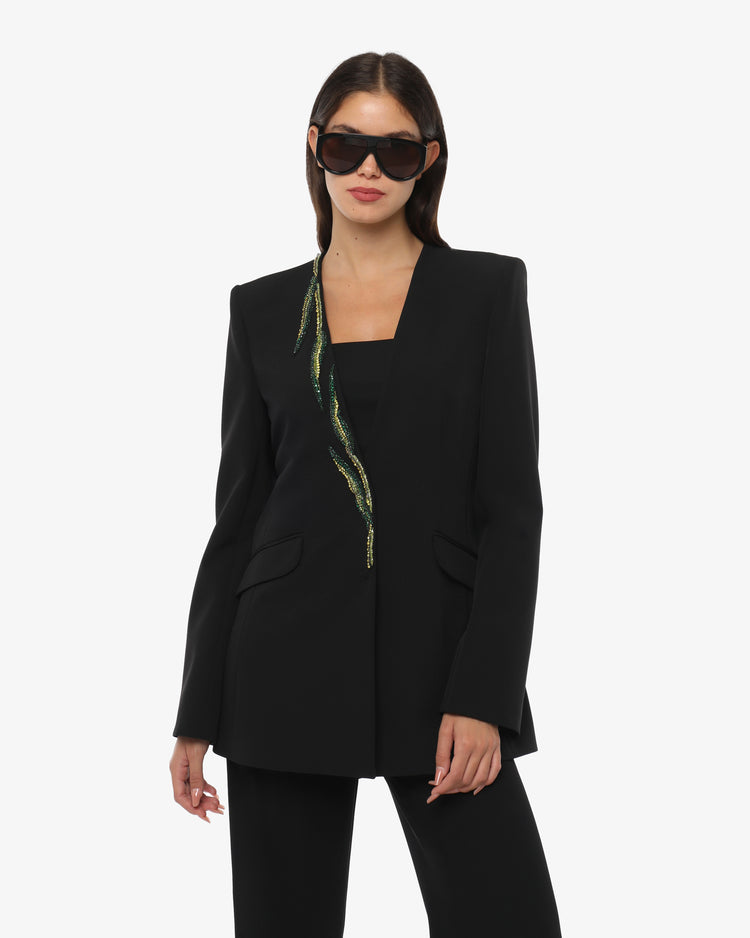 Single-breasted jacket in technical fabric and jewel decoration