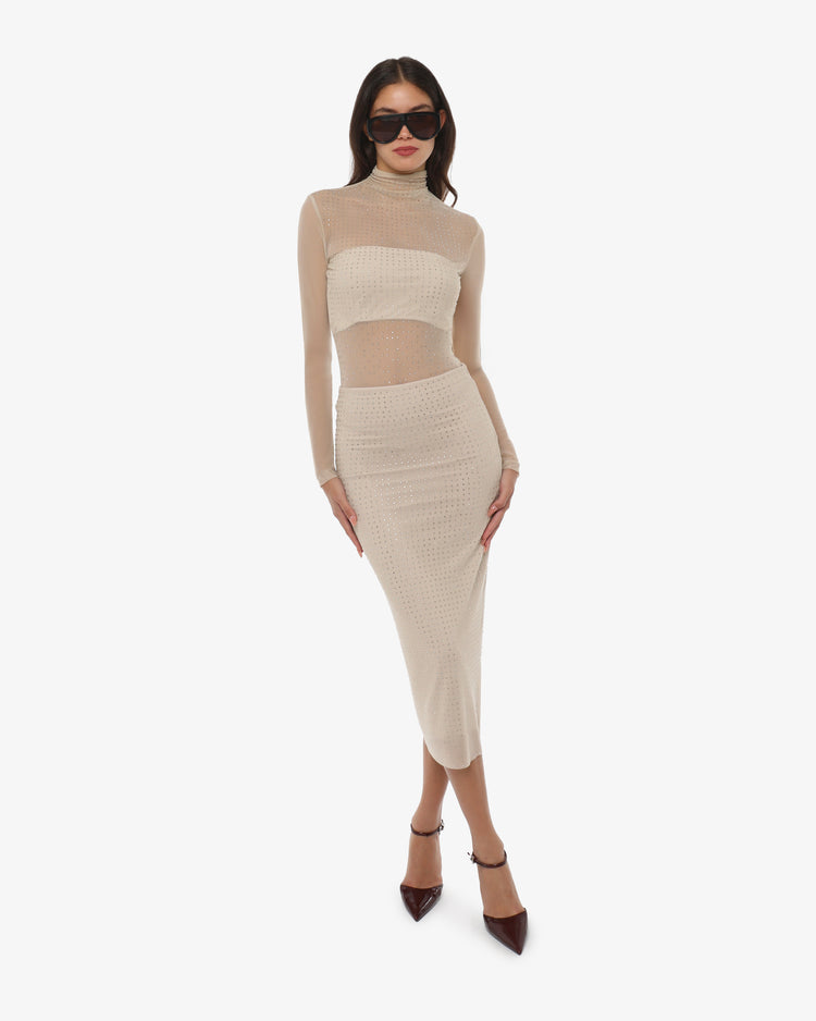 Gonna longuette in rete e strass