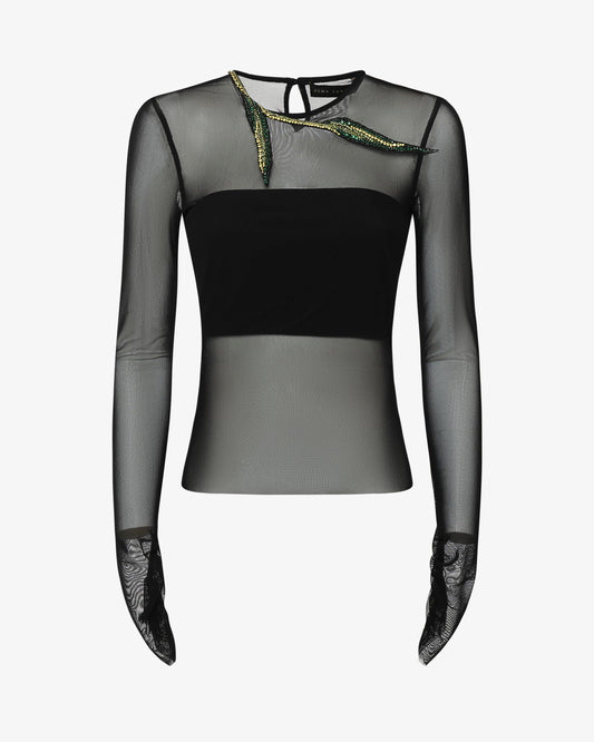 Tulle sweater with jewel decoration