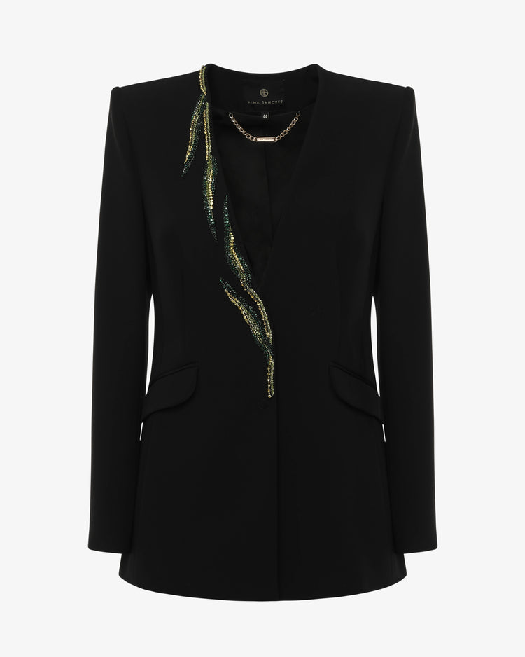 Single-breasted jacket in technical fabric and jewel decoration