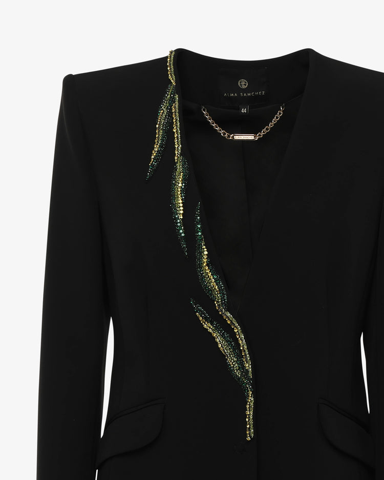 Single-breasted jacket in technical fabric and jewel decoration