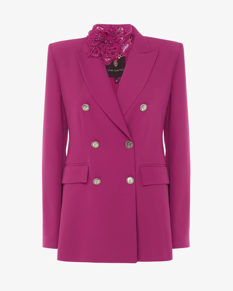 Giacca doppiopetto in tessuto fluido con choker fiore gioiello