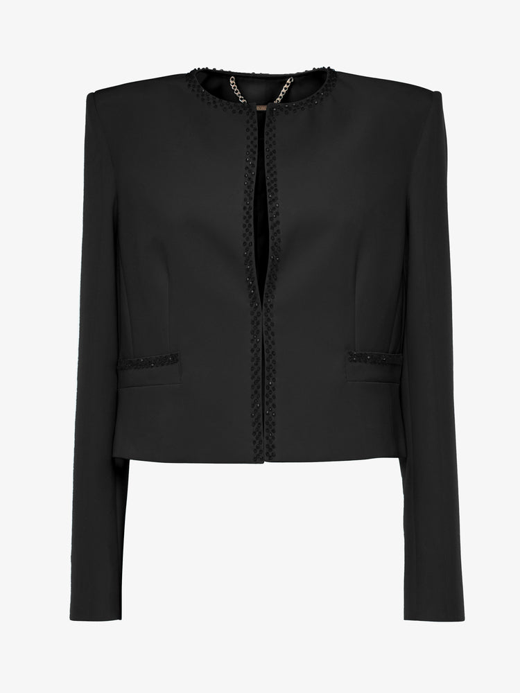 Short jacket in technical edge fabric with jewel applications