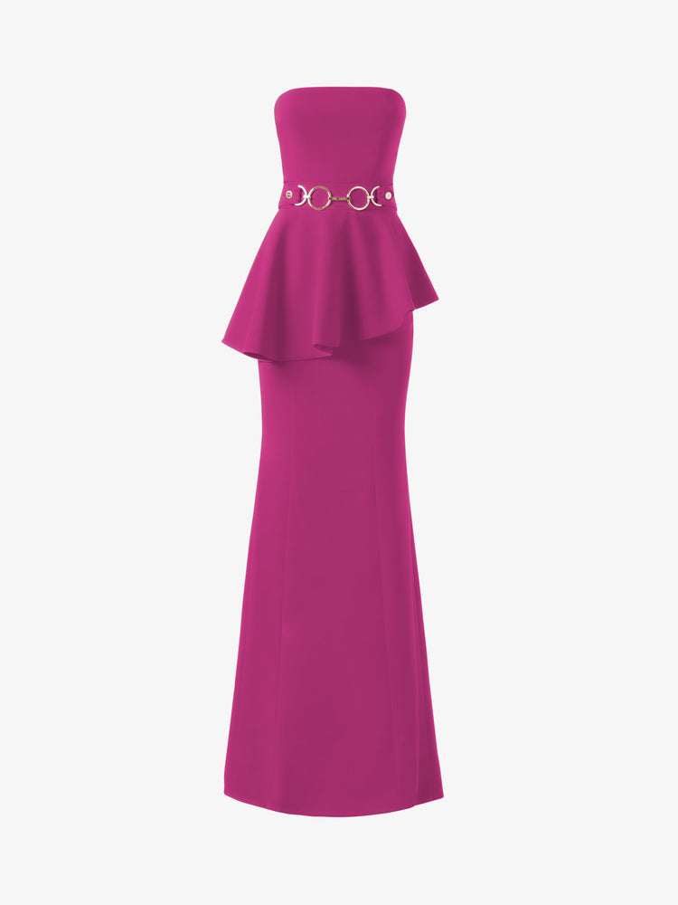 Long strapless dress with ruffles and metallic decoration at the waist in technical fabric