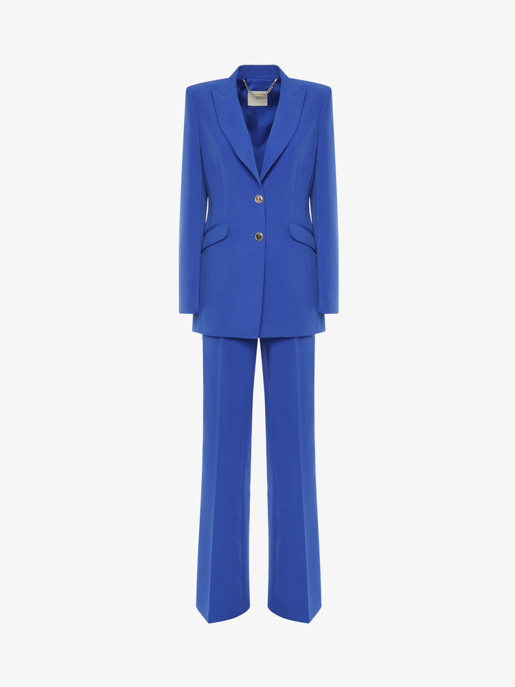 Single-breasted straight trouser suit in technical fabric with metal buttons