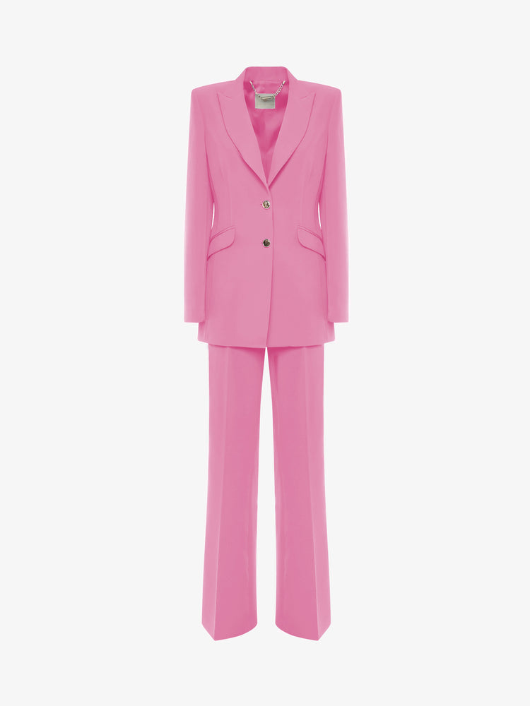 Single-breasted straight trouser suit in technical fabric with metal buttons