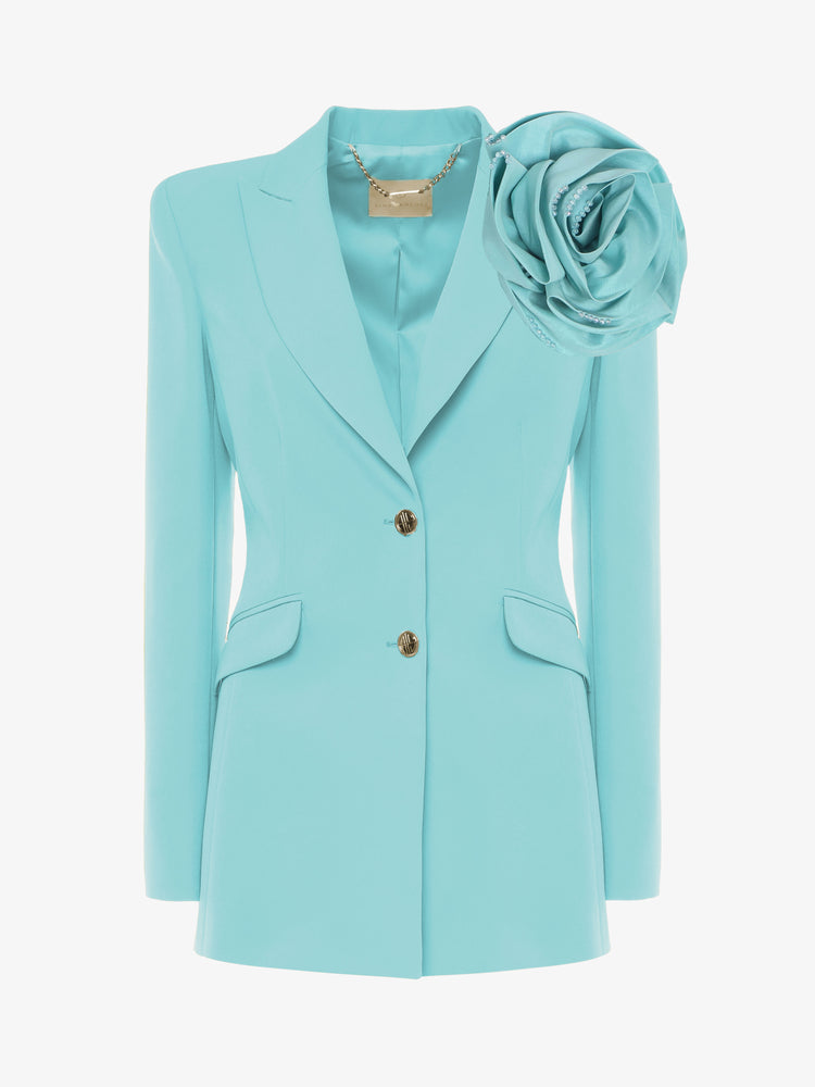 Giacca monopetto in tessuto tecnico con decorazione fiore in taffetà