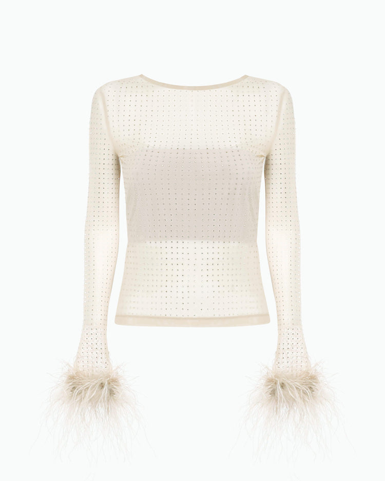 Top in rete e strass e polsi piume