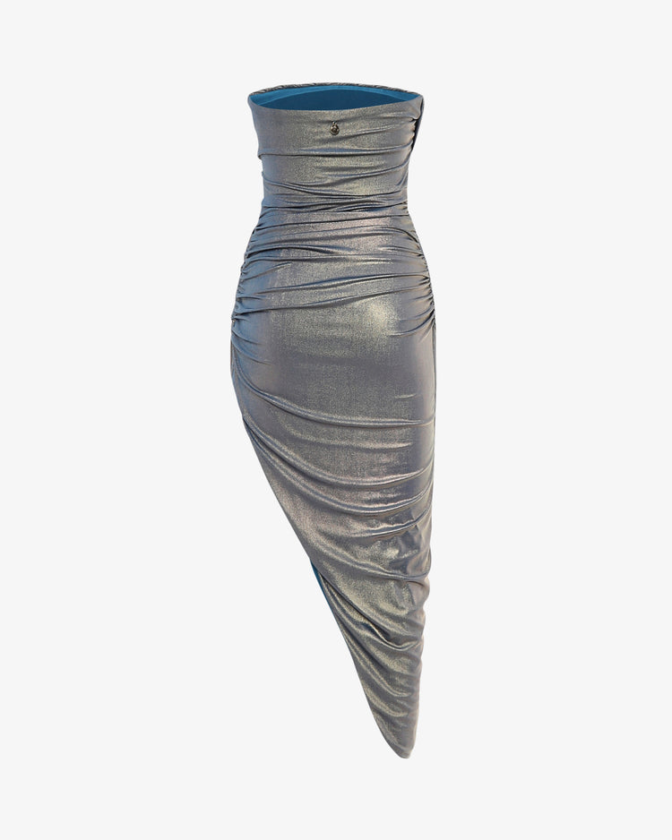 Abito midi dècolletè drappeggi in jersey laminato con fondo irregolare e stola
