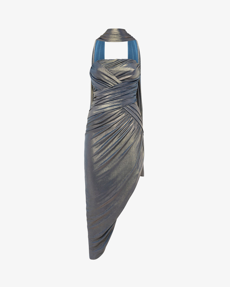 Abito midi dècolletè drappeggi in jersey laminato con fondo irregolare e stola