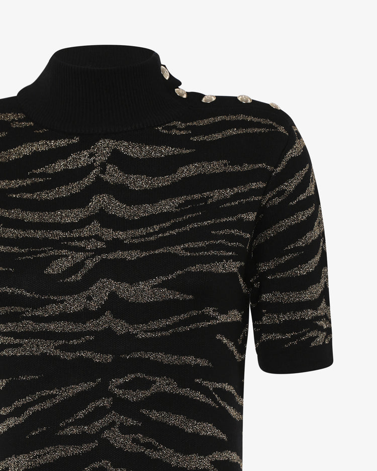 Maglia a collo alto mezza manica jacquard lurex con bottoni metallici