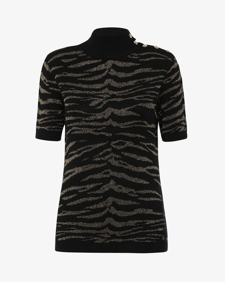 Maglia a collo alto mezza manica jacquard lurex con bottoni metallici