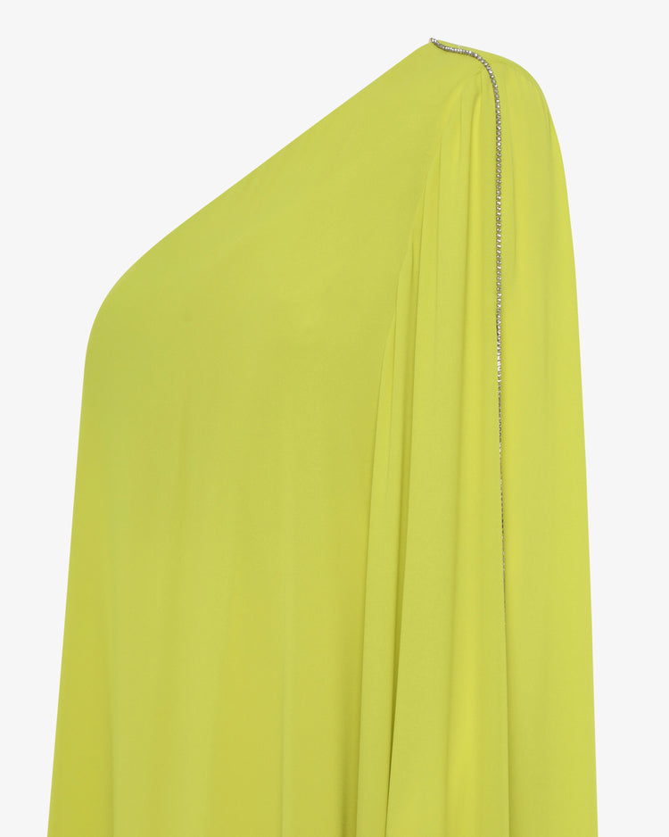 Abito lungo in georgette monospalla con accessorio gioiello