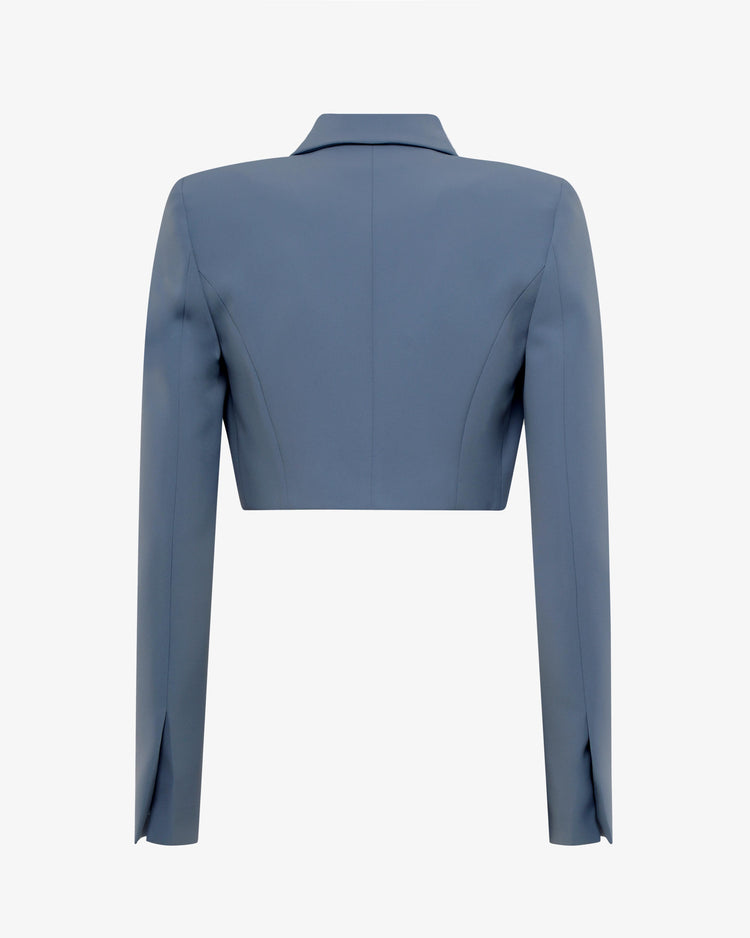 Giacca cropped in crêpe con revers in strass