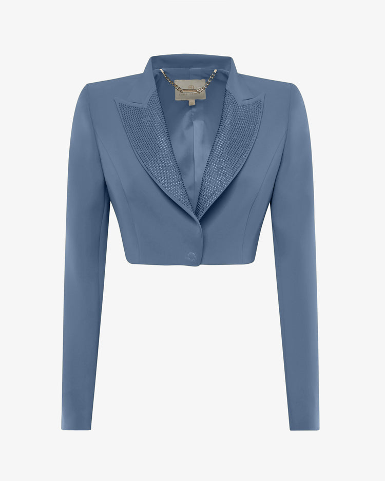 Giacca cropped in crêpe con revers in strass