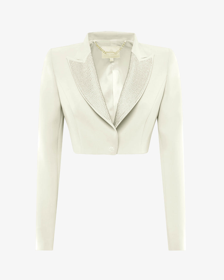 Giacca cropped in crêpe con revers in strass