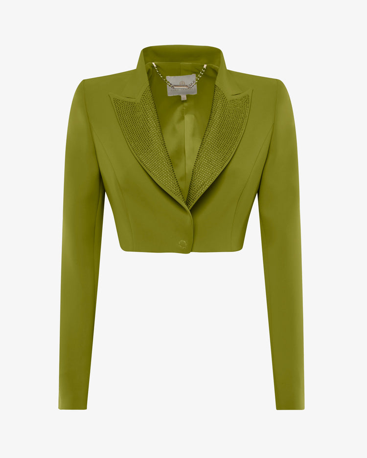Giacca cropped in crêpe con revers in strass