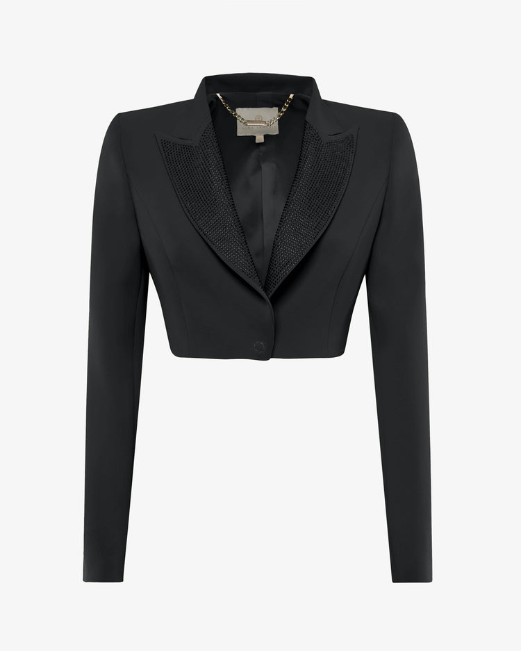 Giacca cropped in crêpe con revers in strass